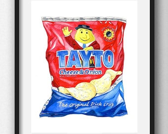 Tayto Chips Illustration, Handgezeichnet, Irische Chips Zeichnung, Feinschmecker Geschenk, Lebensmittel Druck, Küchen Dekoration, Einweihungsgeschenk,