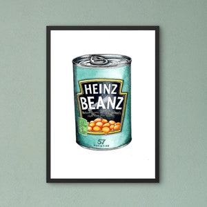 May include: A framed illustration of a can of Heinz Beanz. The can is blue and white with the Heinz Beanz logo and the words "57 Varieties".