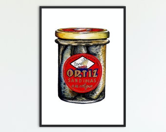 Hermosa Jarra de Sardinas Giclée Print / Ilustración Dibujada a Mano / Arte de Cocina / House Warming Present / Spanish Print