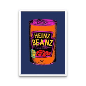 May include: A vintage-style illustration of a can of Heinz Beanz, featuring a bright orange can with a pink and yellow label. The label reads "Heinz Beanz" in a bold, pink font. The can is set against a dark blue background.
