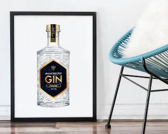 Manchester Gin Print, Gin Lover Geschenk, Manchester Art, Manchester Print, Küchenkunst, Wandkunst Druck, Haus Wärmendes Geschenk,