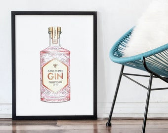 Manchester Gin Print, Gin Lover Geschenk, Gin Bar Art, Manchester Art, Manchester Print, Küchenkunst, Wandkunst Druck, Haus Wärmendes Geschenk