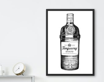 Tanqueray Gin Giclée Print, Hand Drawn Gin illustration, Gin Lover's gift, Black and White Print, House Warming Gift,