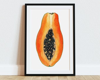 Papaya botanisk teckning, frukttryck, kökskonst, köksinredning, vacker inflyttningspresent