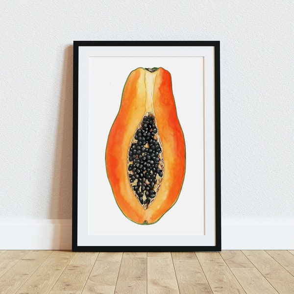 Papaya Botanical Drawing, Fruit Print, Kitchen Art, Kitchen Decor, Beautiful Housewarming Gift