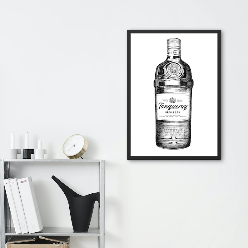 May include: Black and white line drawing of a bottle of Tanqueray Imported London Dry Gin. The bottle is in a black frame.