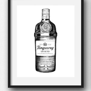 May include: Black and white line drawing of a bottle of Tanqueray London Dry Gin. The bottle is labelled with the brand name and the words "Imported" and "London Dry Gin".