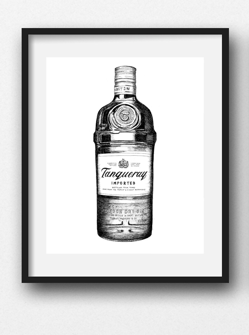 May include: Black and white line drawing of a bottle of Tanqueray London Dry Gin. The bottle is labelled with the brand name and the words "Imported" and "London Dry Gin".