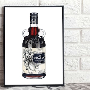Kraken Rum Print, Rum Lover Gift, Bar Art, Kitchen Art, Wall Art Print, House Warming Gift
