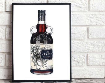 Kraken Rum Print, Rum Lover Gift, Bar Art, Kitchen Art, Wall Art Print, House Warming Gift