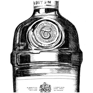 May include: Black and white illustration of a bottle of Tanqueray Dry Gin. The bottle has a label with the text "Charles Tanqueray London England" and a crest with a "T" inside a circle.