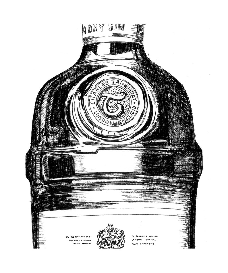 May include: Black and white illustration of a bottle of Tanqueray Dry Gin. The bottle has a label with the text "Charles Tanqueray London England" and a crest with a "T" inside a circle.