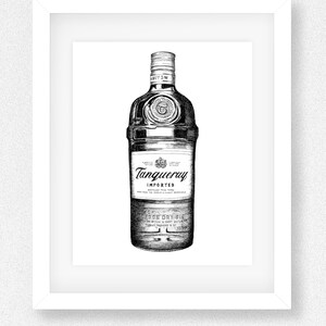 May include: Black and white line drawing of a bottle of Tanqueray London Dry Gin. The bottle is labelled with the brand name and "Imported".