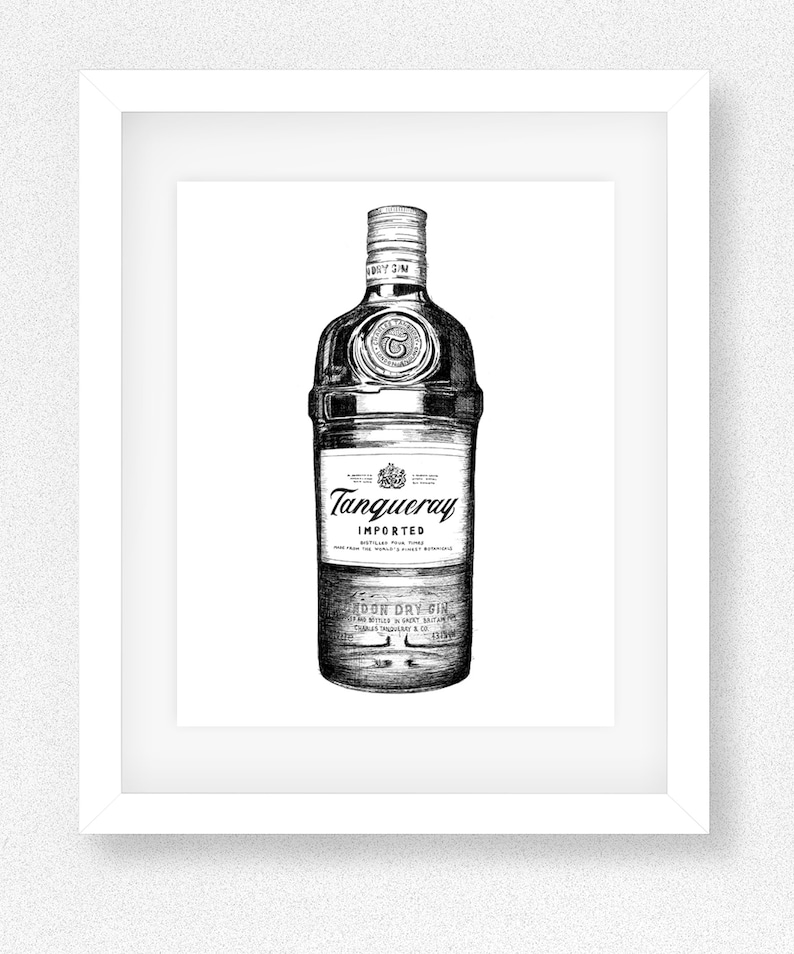 May include: Black and white line drawing of a bottle of Tanqueray London Dry Gin. The bottle is labelled with the brand name and "Imported".
