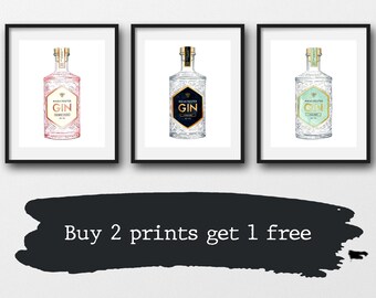 Mother's Day Gift , Set of Three Gin Prints, Manchester Gin, Kitchen Decor, Gin Bar Prints, Gift Idea, Gin Bottles, Mixed Gin Prints