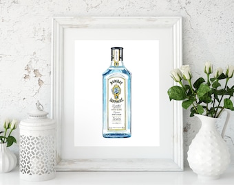 Hand Drawn Gin, Gin Lover's Gift, Pen and Ink Illustration, Gin Print, Kitchen Art, Gin present, Gin Bottle, Gin Art, House Warming Gift