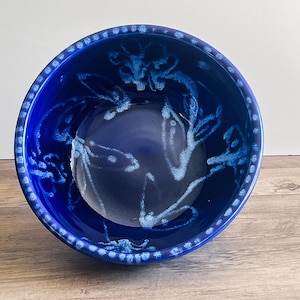 Cobalt Blue Studio Pottery Bowl, Signed Handmade Ceramic Bowl, Abstract Floral Stoneware