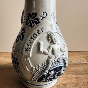 Vintage German Stoneware Pitcher, Bremer Ratskeller Blue Gray Wine Jug, 0.5L Westerwald Pottery