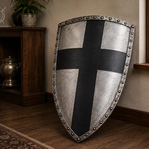 Medieval Knight Shield - Teutonic Black Cross Steel Shield Wall Decor, Large Antique Silver Kite Shield, Gothic Fantasy Man Cave Metal Art