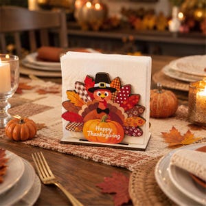 May include: A white wooden napkin holder featuring a colorful cutout of a turkey wearing a black hat and bowtie, positioned behind a pumpkin with the text Happy Thanksgiving printed in white. The turkey has patterned feathers in red, orange, and brown.