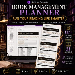 Puede incluir: Un planificador digital de gestión de libros para OneNote con una pantalla de portátil que muestra una página de bienvenida, un panel de control, una base de datos de biblioteca y un panel de reseñas. El gráfico incluye texto que indica 117+ páginas editables, 21 secciones, navegación con hipervínculos y plantillas reutilizables para planificar, realizar un seguimiento y reflexionar sobre las lecturas.