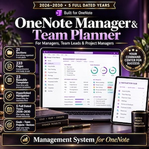 OneNote Planner 2026–2030, Manager Planner, Project Management Template, Task Tracker, Hyperlinked Digital Work Planner
