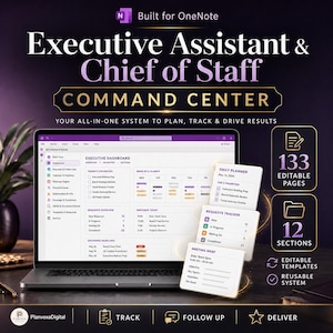 Könnte beinhalten: Ein digitales Executive Assistant & Chief of Staff Command Center für OneNote mit Dashboard, Tagesplaner, Anfragen-Tracker und Meeting-Briefing. Enthält 133 bearbeitbare Seiten, 12 Abschnitte und wiederverwendbare Vorlagen zum Planen, Verfolgen und Erzielen von Ergebnissen.