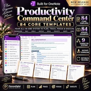 May include: A digital productivity command centre for OneNote featuring 84 core templates, 84 guided examples, and 9 connected systems. The display shows a home dashboard, daily, weekly, monthly, and project dashboards on a smartphone and computer screen.