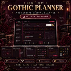 May include: A digital planner displayed on a laptop screen with a dark, gothic-themed interface. The screen shows a dashboard with a calendar, task lists, and financial trackers. Below the laptop are six smaller preview windows showing various views.