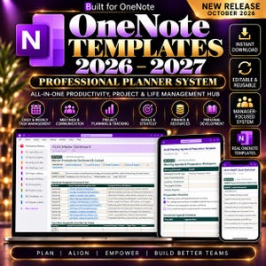 May include: A digital OneNote template system for 2026-2027 featuring a master dashboard, meeting agenda, and goal worksheets. The display shows a laptop, tablet, and smartphone screen with purple and white interface layouts.