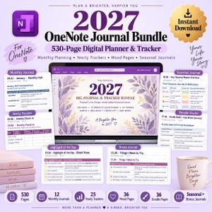 May include: A 2027 OneNote digital journal bundle featuring a 530-page planner and tracker. The display shows a botanical cover design with purple leaves. Includes monthly journals, yearly trackers, mood pages, and a mug with the text Good Plans Brighter Days.