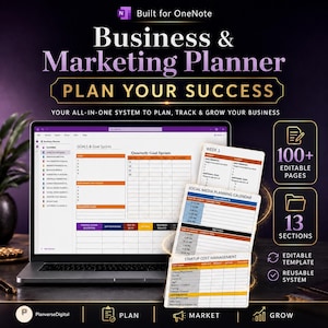 May include: A digital business and marketing planner for OneNote featuring a laptop screen displaying a goals and sprints template, with layered pages showing a weekly schedule, social media calendar, and startup cost management table.
