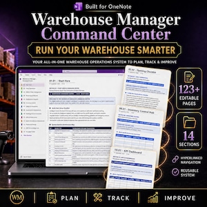 May include: A digital Warehouse Manager Command Centre for OneNote featuring a laptop screen displaying operational sections, checklists, and KPI dashboards. The system includes 123+ editable pages, 14 sections, hyperlinked navigation, and a reusable system for planning, tracking, and improving warehouse operations.