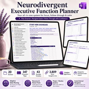 Neurodivergent exekutiv funktionsplanerare, ADHD OneNote digital produktivitetsmall, autismvänligt hyperlänkat system