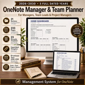 Op de afbeelding: Een digitale OneNote Manager & Team Planner voor 2026-2030 weergegeven op een computermonitor en laptop. De interface toont een Home Dashboard en Navigation Hub met secties voor planning, vergaderingen, projecten en teamoverzichten.