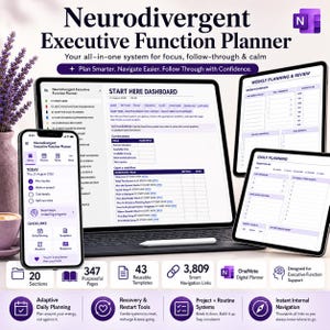 Neurodivergent Executive Function Planner, ADHD OneNote Digital Productivity Template, Autism-Friendly Hyperlinked System