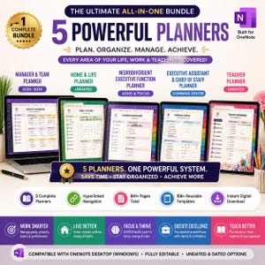 以下が含まれることがあります： OneNote用の5つのプランナーデジタルバンドル。マネージャー、ホーム、ニューロダイバージェント、エグゼクティブ、ティーチャー向けプランナーが含まれます。画像には5つのタブレット画面が表示され、841ページ、ハイパーリンクナビゲーション、106種類の再利用可能なテンプレートなど、整理と生産性のための機能が記載されています。