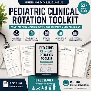 Pode incluir: Um pacote digital intitulado Pediatric Clinical Rotation Toolkit com mais de 53 páginas para estudantes e clínicos. Inclui formulários de visitas pediátricas, notas SOAP, planeamento de rotações e ferramentas de acompanhamento clínico.