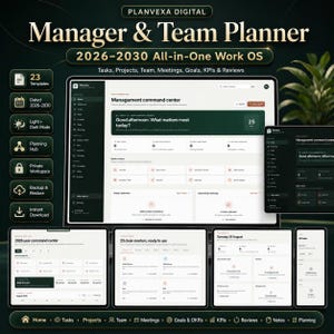Op de afbeelding: Een digitale manager- en teamplanner voor 2026-2030 genaamd Planvexa Digital. De interface toont een management command center met secties voor taken, projecten, vergaderingen, doelen, KPI's en beoordelingen op desktop, tablet en mobiel.