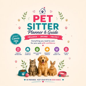 Peut inclure: Un guide et planificateur pour pet sitter avec un chat, un golden retriever et un lapin. Le texte indique : PET SITTER Planner & Guide, ORGANIZE INFORM PROTECT, Everything you need to care for your pets with confidence, et EDITABLE IN Canva FREE.