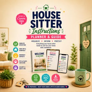 Può includere: Un pianificatore e guida con istruzioni per house sitter, composto da un quaderno a spirale, una cartellina con contatti importanti e uno smartphone che mostra i dettagli della casa, con icone per informazioni e contatti.