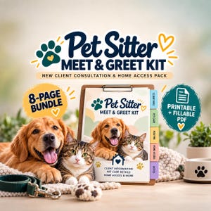 Peut inclure: Un kit de rencontre pour pet sitter de 8 pages comprenant un presse-papier avec des documents PDF imprimables et remplissables. Le kit inclut des sections pour les infos client, les soins, la routine, l'accès au domicile et des notes.