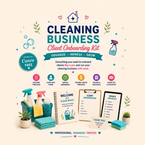 Può includere: Un kit di onboarding per clienti di imprese di pulizia con modelli digitali. Include un cestino verde acqua con flaconi spray, un quaderno a spirale intitolato Welcome to a Clean Space, una cartellina per informazioni e una lista di controllo.