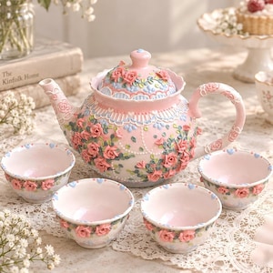 Peut inclure: Un service à thé en céramique composé d'une théière et de quatre petites tasses rose pâle. Les pièces sont ornées de roses en relief, de feuilles vertes et de détails bleus délicats sur les bords festonnés et les anses des objets.