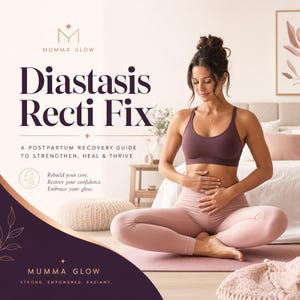 May include: A digital guide titled Diastasis Recti Fix: A Postpartum Recovery Guide to Strengthen, Heal & Thrive by Mumma Glow. The cover features a person in a dark purple sports bra and light pink leggings sitting in a cross-legged yoga pose.