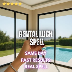 May include: A hand holding a set of silver keys against a background of large glass sliding doors overlooking a swimming pool. The text RENTAL LUCK SPELL, SAME DAY, FAST RESULTS, and REAL SPELL is overlaid in white and purple lettering.