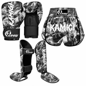 Muay Thai Bundle, Kamigi Black White Marble Boxing Gloves Shorts Shin Guards