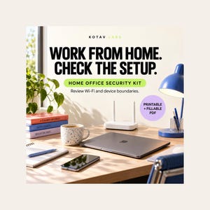Può includere: Una pubblicità per un kit di sicurezza per ufficio domestico con il testo WORK FROM HOME. CHECK THE SETUP. HOME OFFICE SECURITY KIT. Review Wi-Fi and device boundaries. PRINTABLE + FILLABLE PDF. Include un portatile, smartphone, router, tazza e lampada.