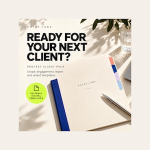 Op de afbeelding: Een Kotav Labs pentest client pack met een crèmekleurige map met een blauwe rug, kleurrijke tabbladen en een zilveren pen. De tekst luidt: READY FOR YOUR NEXT CLIENT? PENTEST CLIENT PACK. Scope, engagement, report and retest templates.