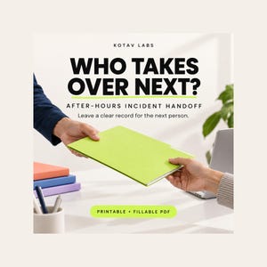 May include: A bright lime green folder being handed between two people. The text reads: KOTAV LABS, WHO TAKES OVER NEXT?, AFTER-HOURS INCIDENT HANDOFF, Leave a clear record for the next person, and PRINTABLE + FILLABLE PDF. A stack of colorful notebooks sits nearby.